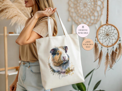 Personalised Watercolour Guinea Pig Tote Bag | Custom Guinea Pig Lover Gift | Long Handle Shopper
