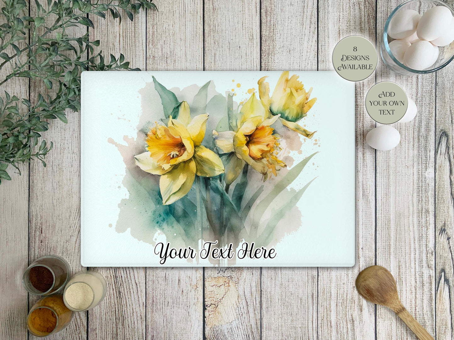 Personalised Daffodil Glass Chopping Board – Floral Kitchen Gift | Cheese Board & Worktop Saver