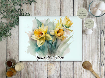 Personalised Daffodil Glass Chopping Board – Floral Kitchen Gift | Cheese Board & Worktop Saver