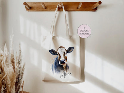 Personalised Watercolour Cow Tote Bag – Farmhouse Animal Lover Gift | Reusable Eco Shopper