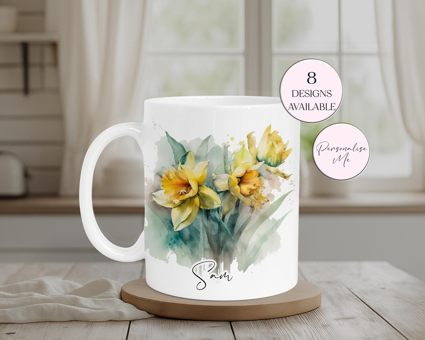 Personalised Watercolour Daffodil Mug & Coaster Set – Floral Spring Gift
