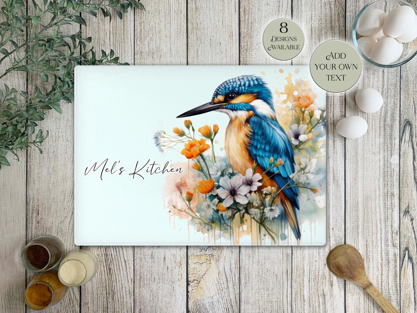 Personalised Kingfisher Glass Chopping Board | Bird Lover Kitchen Gift