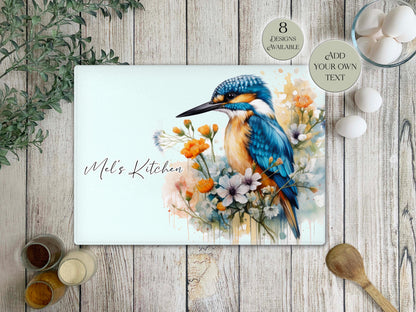 Personalised Kingfisher Glass Chopping Board | Bird Lover Kitchen Gift