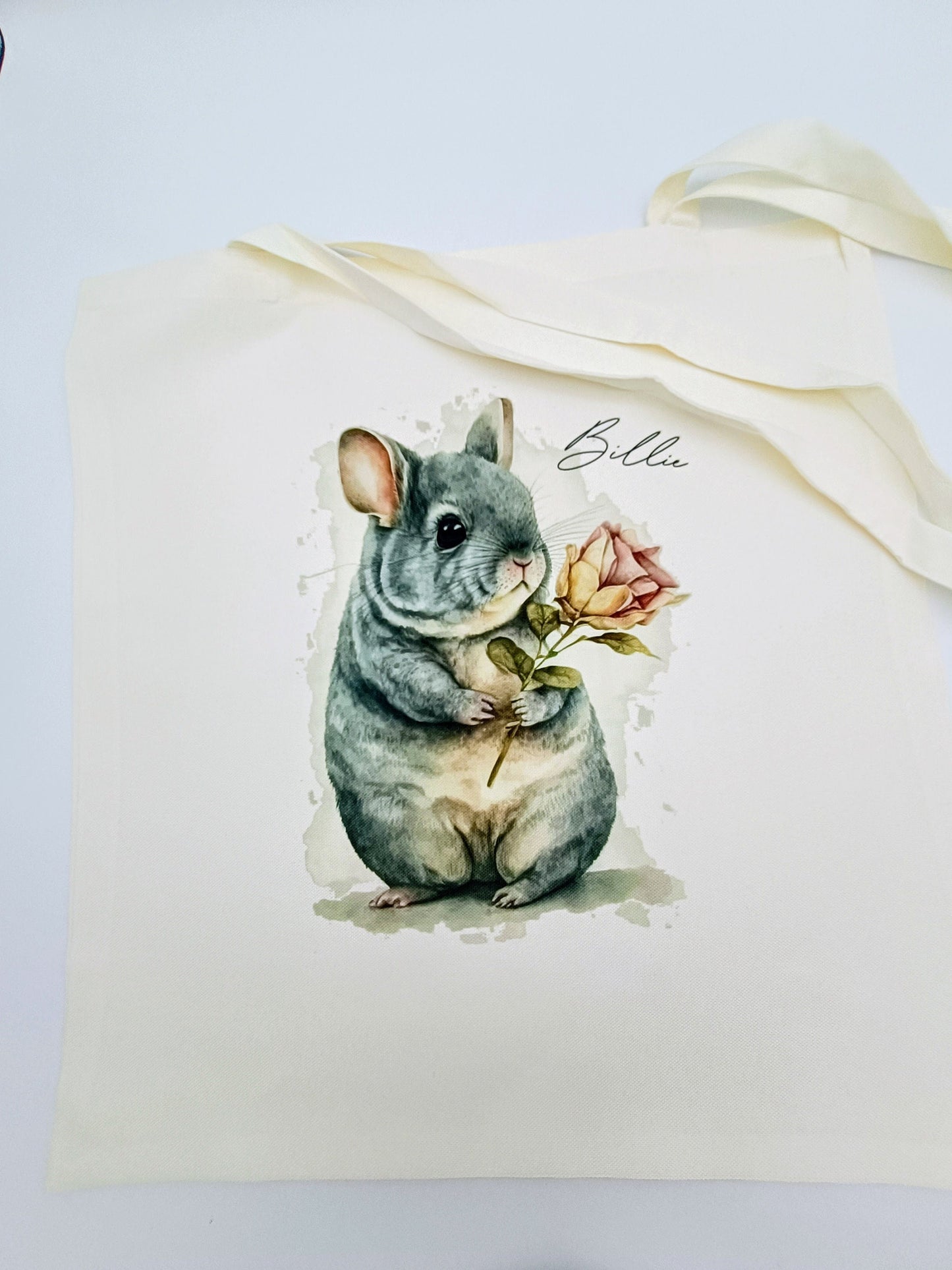 Personalised Watercolour Chinchilla Tote Bag | Custom Animal Lover Gift | Long Handle Shopper