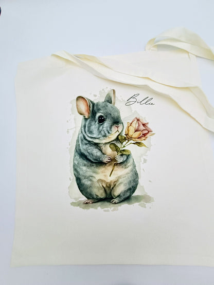 Personalised Watercolour Chinchilla Tote Bag | Custom Animal Lover Gift | Long Handle Shopper