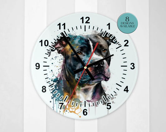 Glass Staffordshire Bull Terrier Wall Clock | Watercolour | Dog Lover Gift