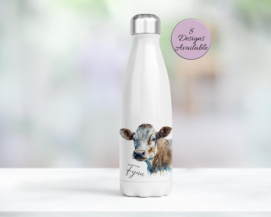 Personalised Cow Water Bottle – Insulated Stainless Steel Flask - Cow Lover Gift
