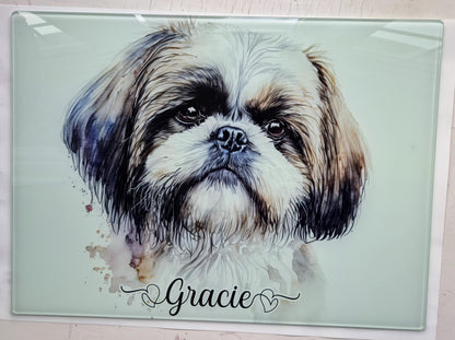 Personalised Shih Tzu Glass Chopping Board – Custom Dog Lover Kitchen Gift