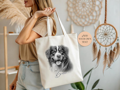 Personalised Bernese Mountain Dog Tote Bag | Sketched Dog Lover Gift | Custom Long Handle Shopper