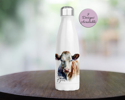 Personalised Cow Water Bottle – Insulated Stainless Steel Flask - Cow Lover Gift
