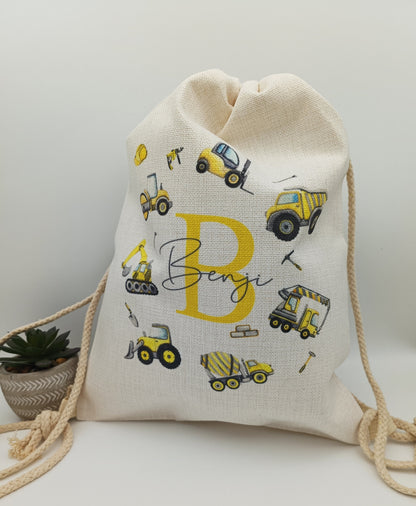 Personalised Digger Drawstring Bag – Construction Theme Kids Bag | PE, School & Swimming
