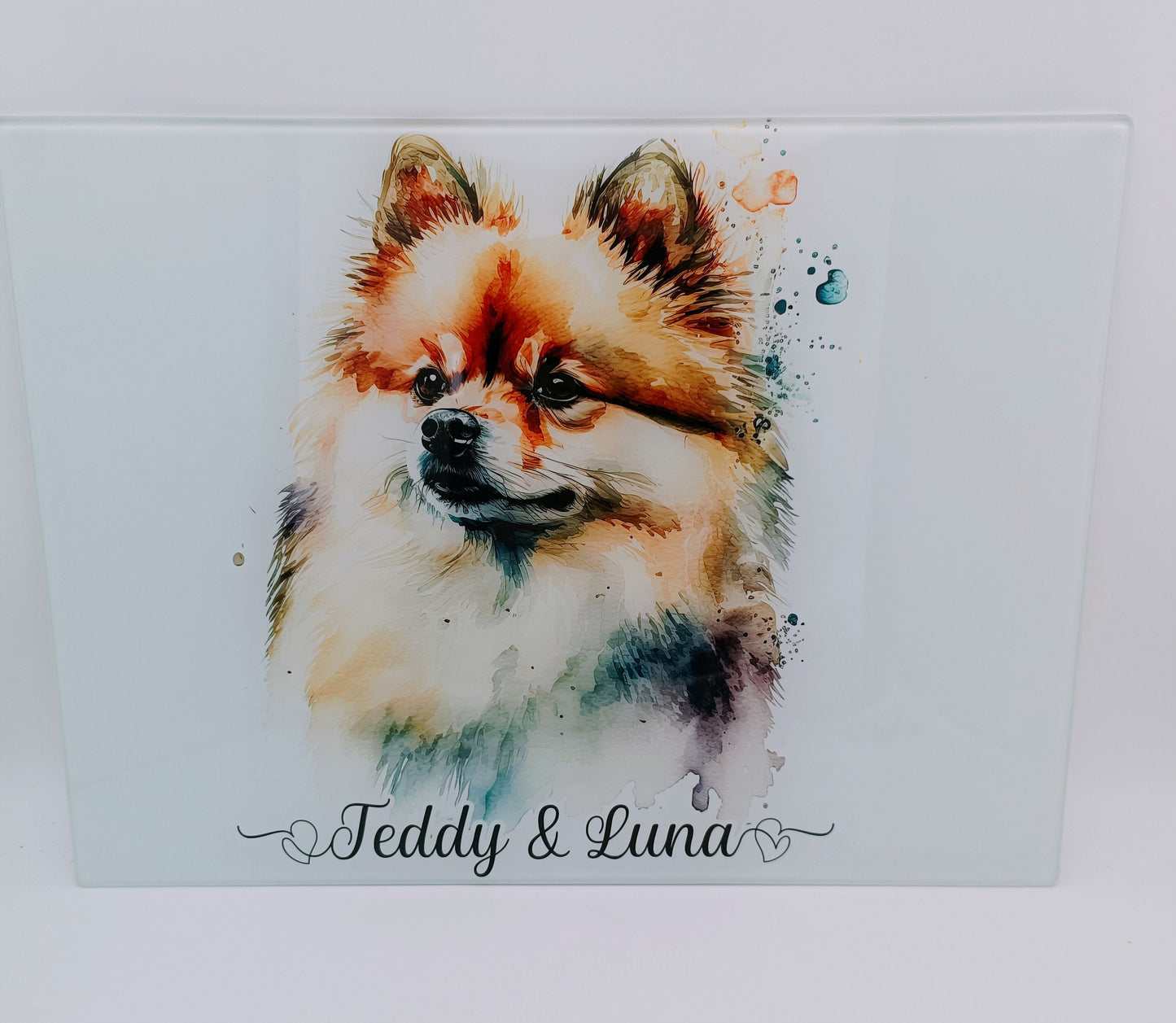 Personalised Pomeranian Glass Chopping Board – Watercolour Dog Kitchen Gift