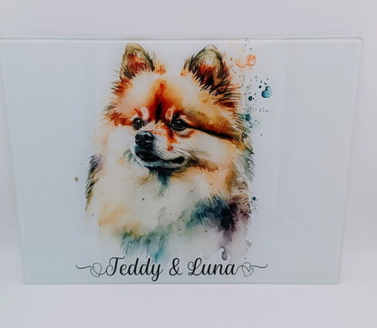 Personalised Pomeranian Glass Chopping Board – Watercolour Dog Kitchen Gift