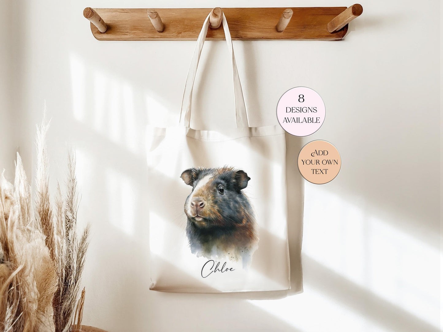 Personalised Watercolour Guinea Pig Tote Bag | Custom Guinea Pig Lover Gift | Long Handle Shopper