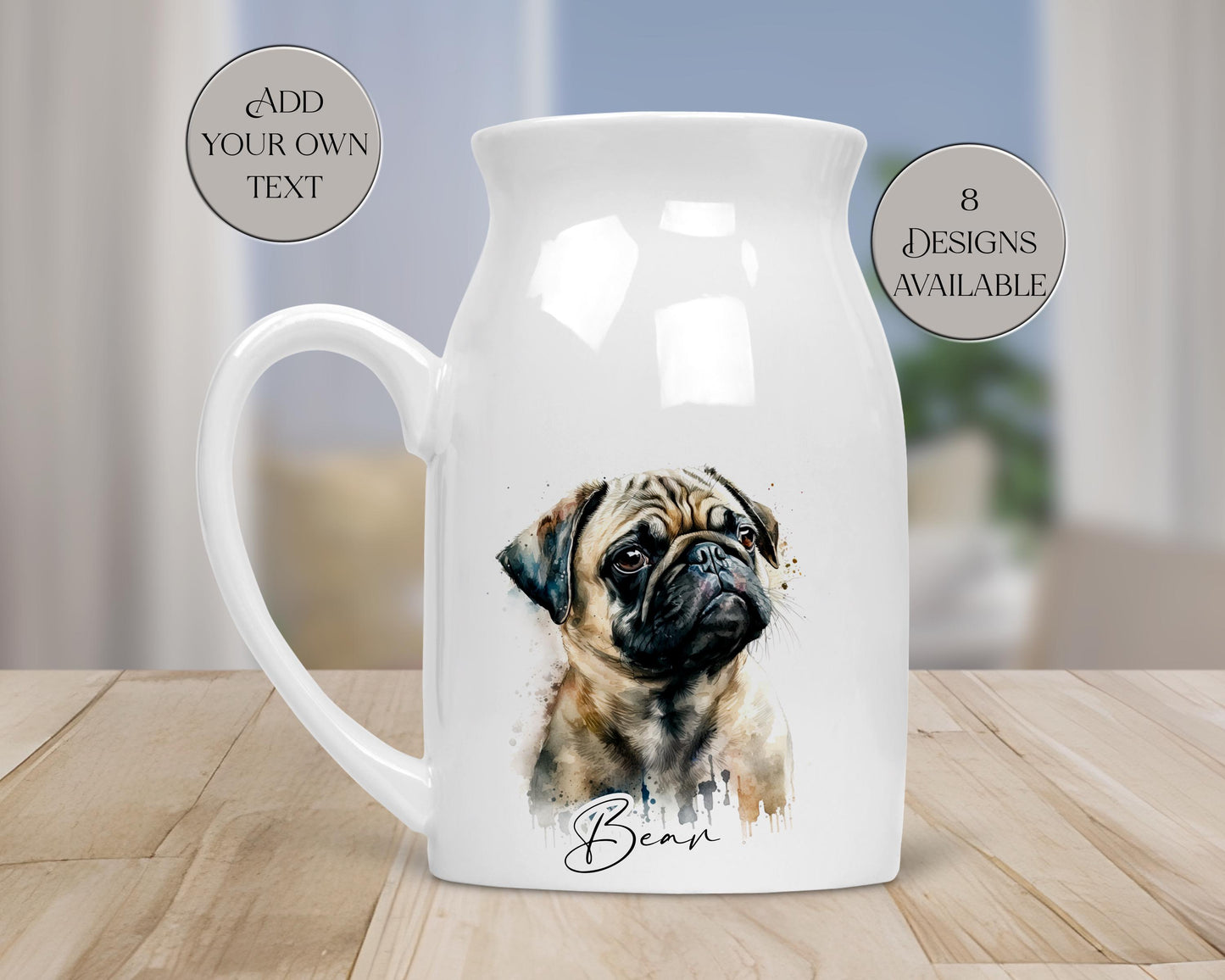 Personalised Watercolour Pug Milk Jug | Flower Vase | Pug Lover Gift
