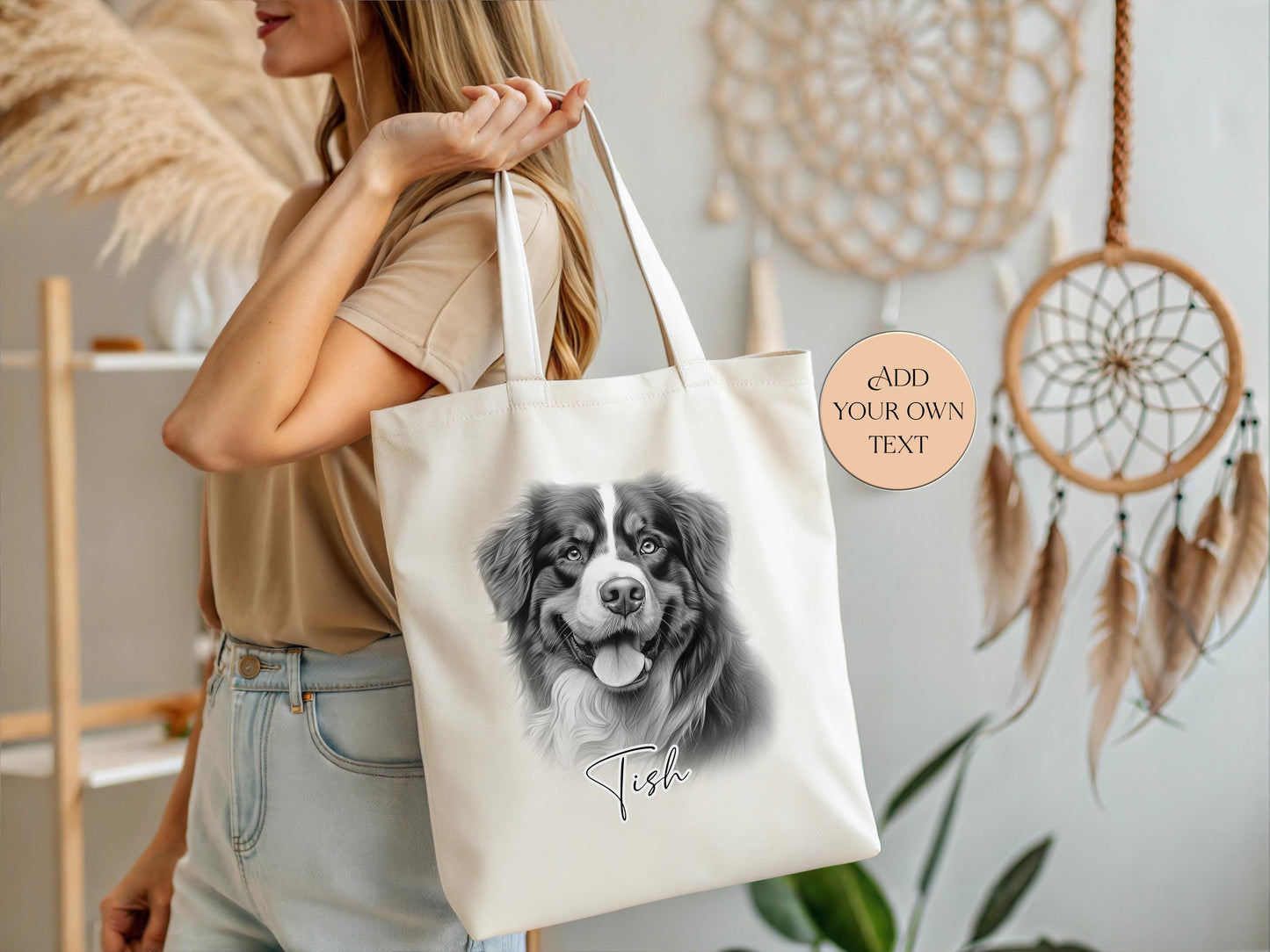 Personalised Bernese Mountain Dog Tote Bag | Sketched Dog Lover Gift | Custom Long Handle Shopper