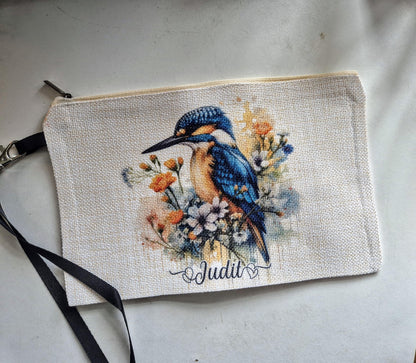 Personalised Kingfisher Makeup Bag – Custom Linen Pouch with Strap
