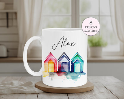 Personalised Beach Hut Mug & Coaster Set | Coastal Gift for Beach Lovers