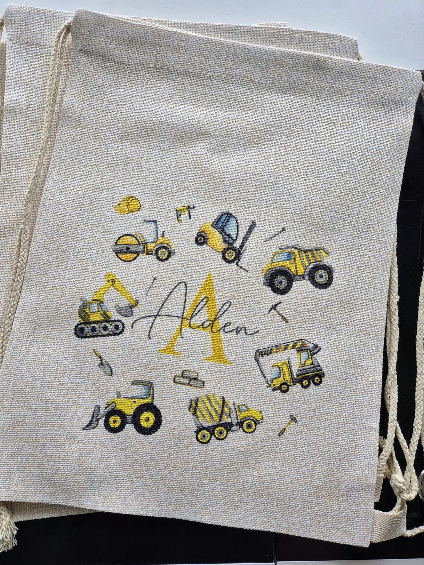 Personalised Digger Drawstring Bag – Construction Theme Kids Bag | PE, School & Swimming