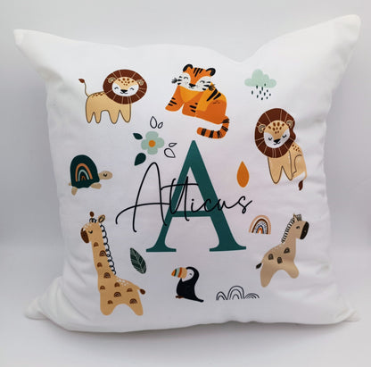 Personalised Jungle Safari Animal Cushion | Custom Kids Nursery Pillow | Wildlife Gift for Children