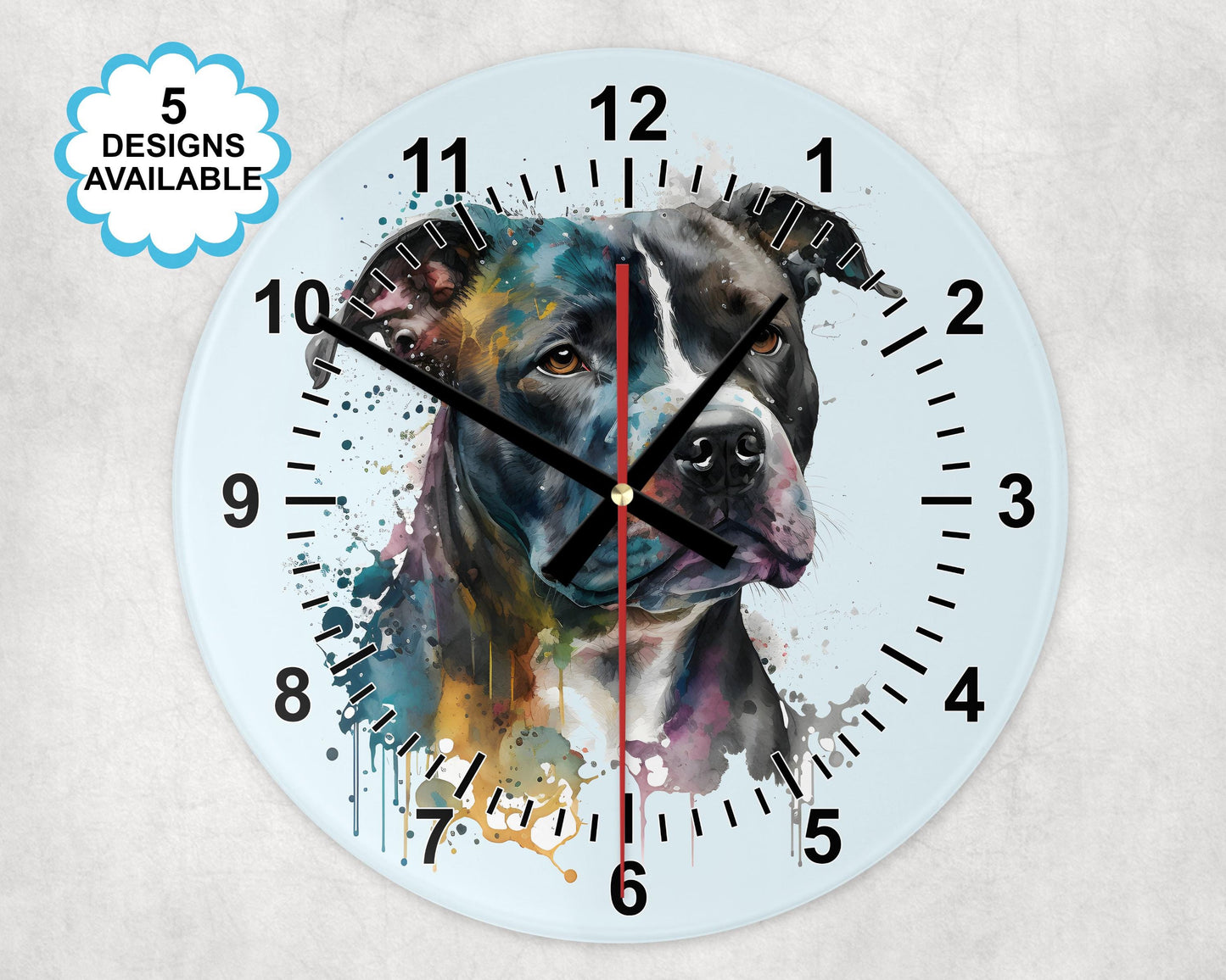 Glass Staffordshire Bull Terrier Wall Clock | Watercolour | Dog Lover Gift