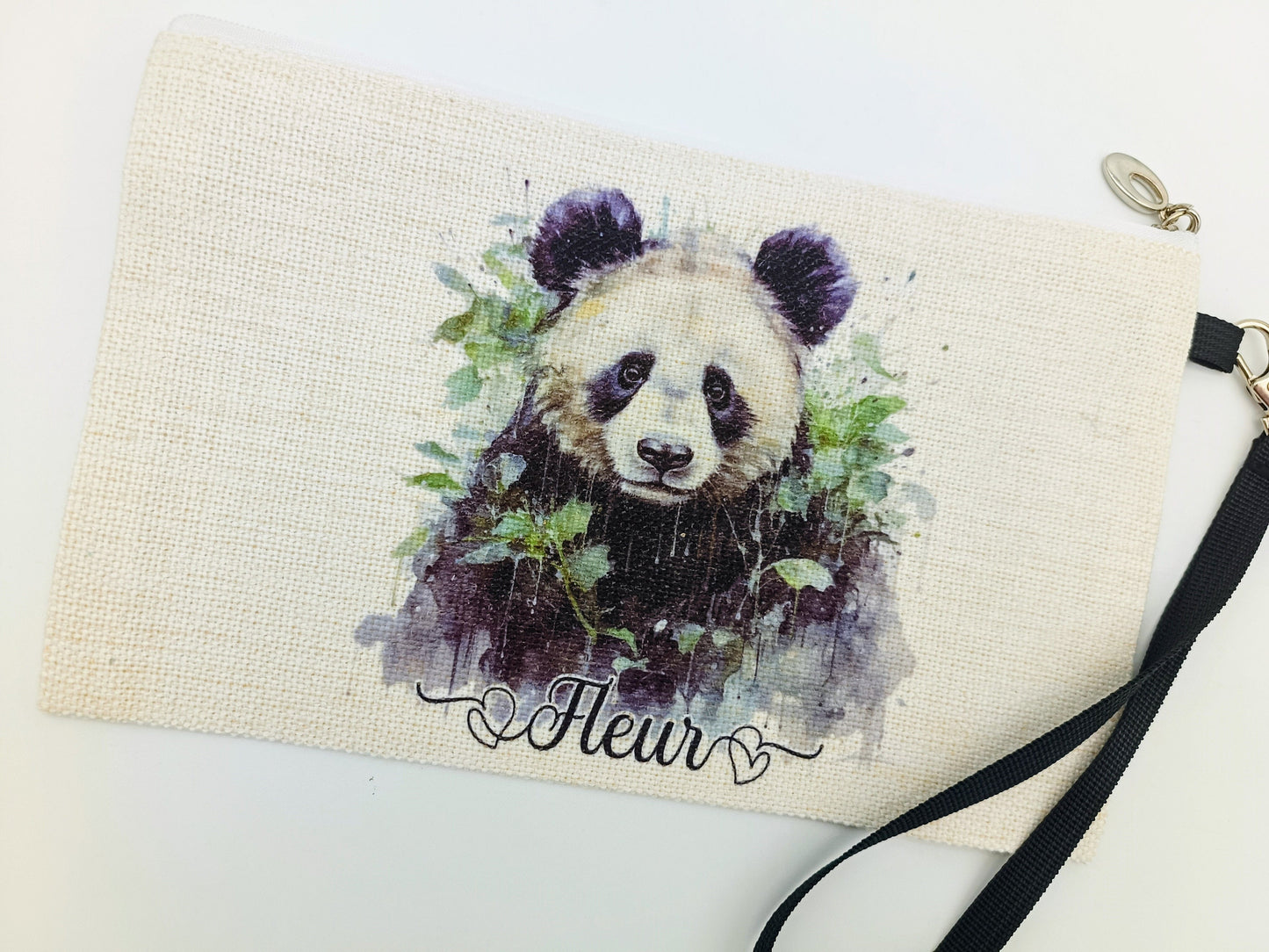Personalised Panda Bear Makeup Bag – Custom Linen Pouch with Strap