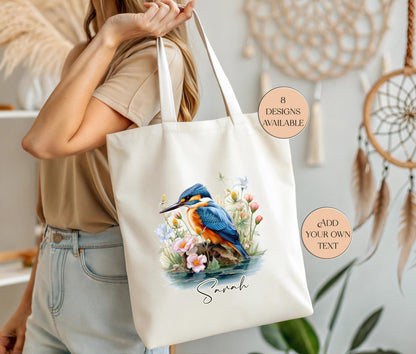 Personalised Watercolour Kingfisher Tote Bag – Bird Lover Gift | Reusable Eco Shopper