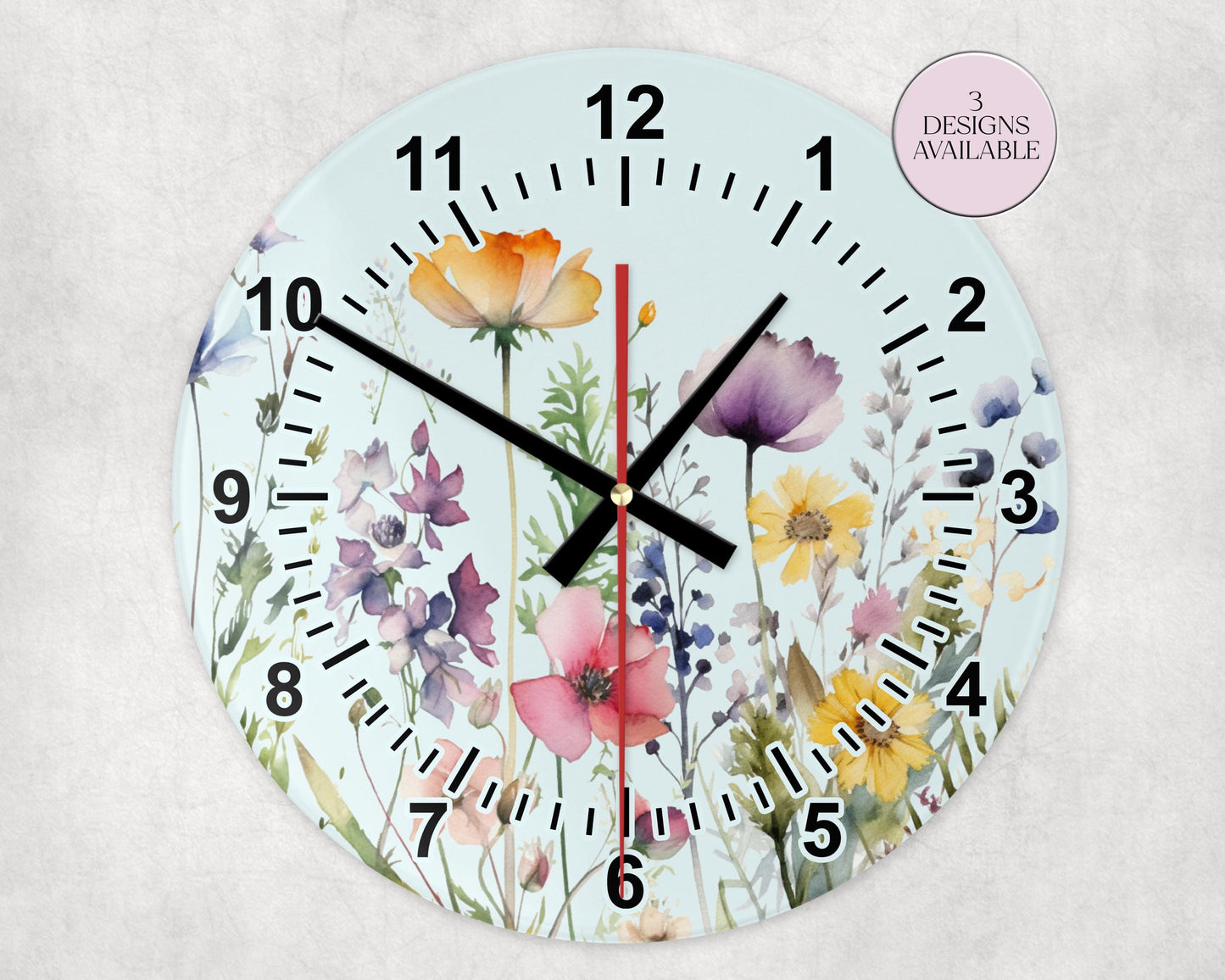 Glass Watercolour Wildflower Clock – Floral Wall Clock - Nature-Inspired Home Gift