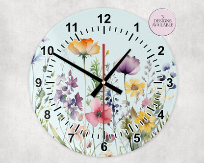 Glass Watercolour Wildflower Clock – Floral Wall Clock - Nature-Inspired Home Gift