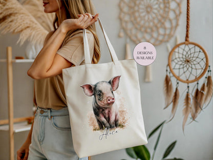 Personalised Watercolour Pig Tote Bag – Pig Lover Reusable Shopper Gift