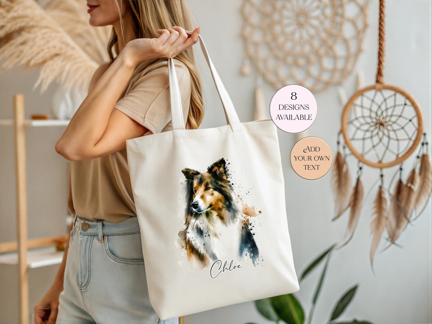 Personalised Watercolour Rough Collie Tote Bag | Custom Dog Lover Gift | Long Handle Shopper