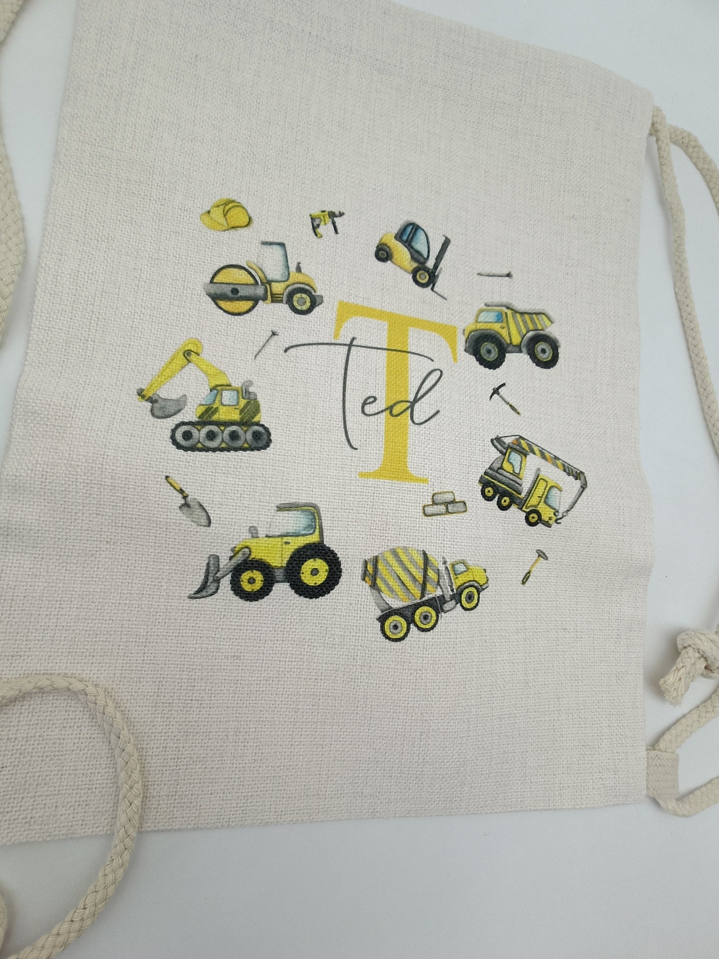 Personalised Digger Drawstring Bag – Construction Theme Kids Bag | PE, School & Swimming