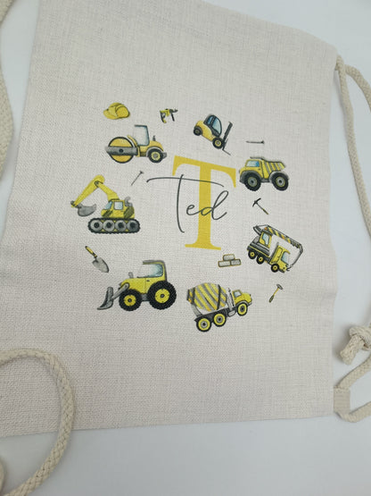 Personalised Digger Drawstring Bag – Construction Theme Kids Bag | PE, School & Swimming
