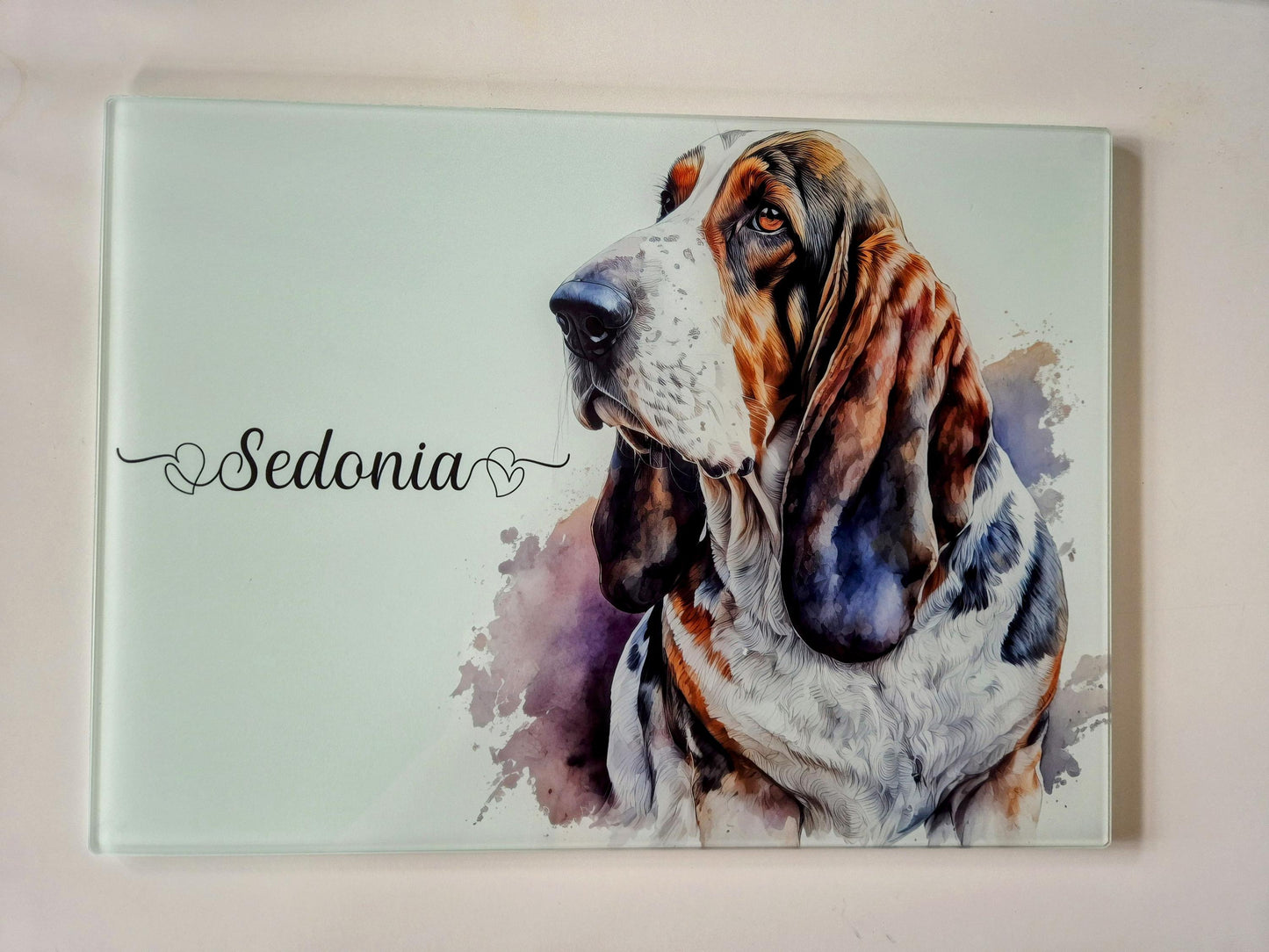 Personalised Basset Hound Glass Chopping Board | A3 or A4 | Dog Lover Gift