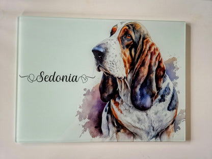 Personalised Basset Hound Glass Chopping Board | A3 or A4 | Dog Lover Gift