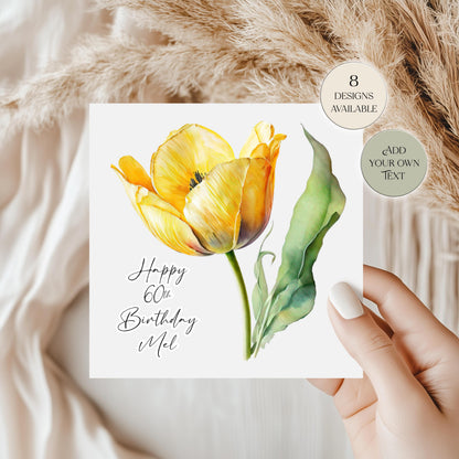 Personalised Tulip Birthday Card – Watercolour Floral Greeting Card