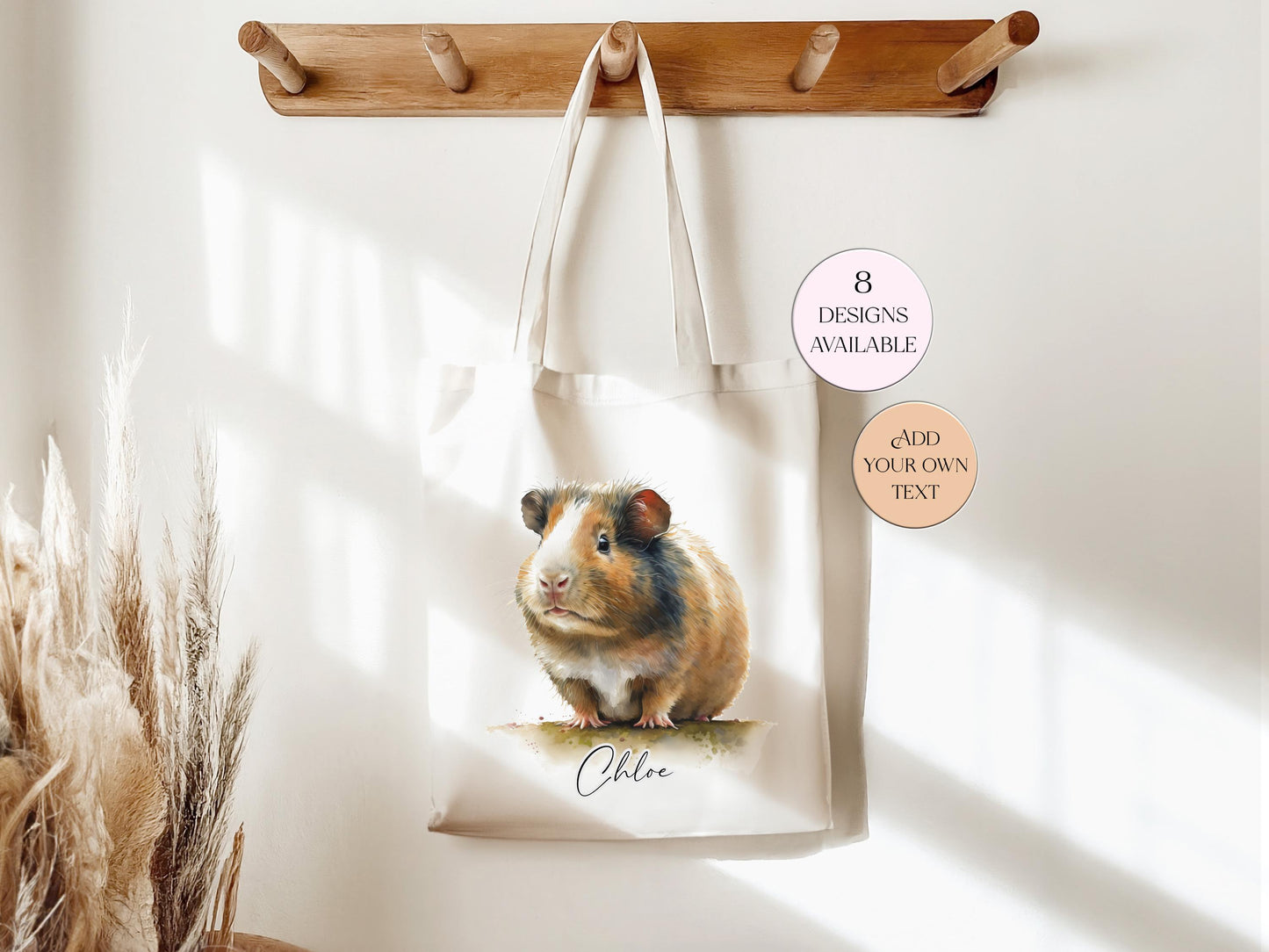 Personalised Watercolour Guinea Pig Tote Bag | Custom Guinea Pig Lover Gift | Long Handle Shopper