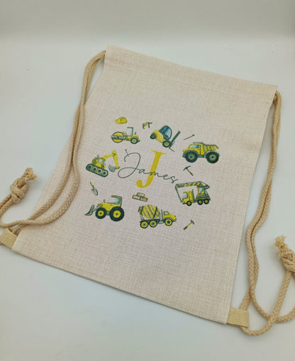 Personalised Digger Drawstring Bag – Construction Theme Kids Bag | PE, School & Swimming