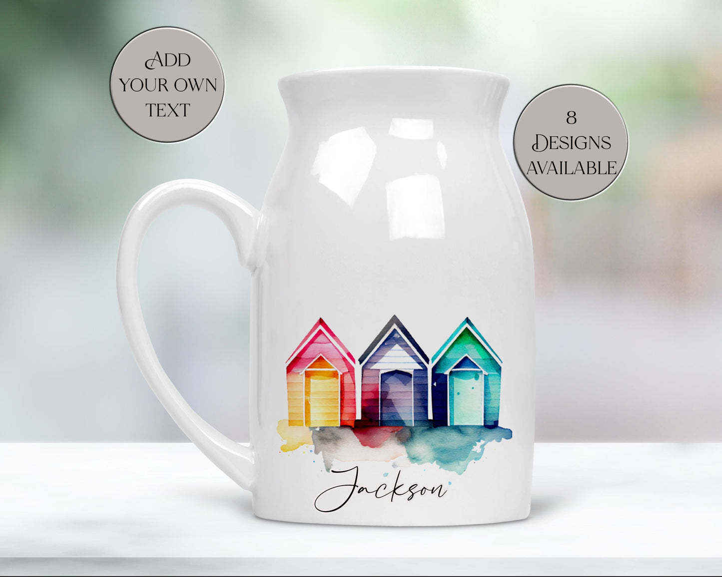 Personalised Watercolour Beach Hut Milk Jug | Flower Vase | Coastal Home Décor Gift