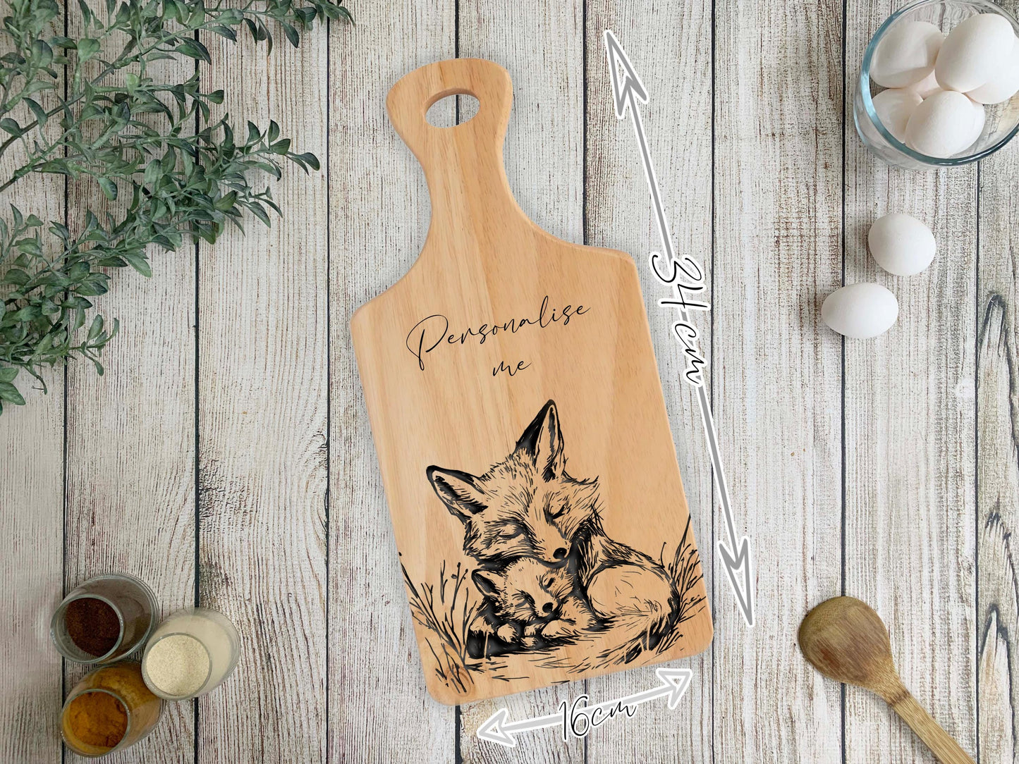 Personalised Fox Cutting Board – Custom Engraved Wooden Kitchen Gift