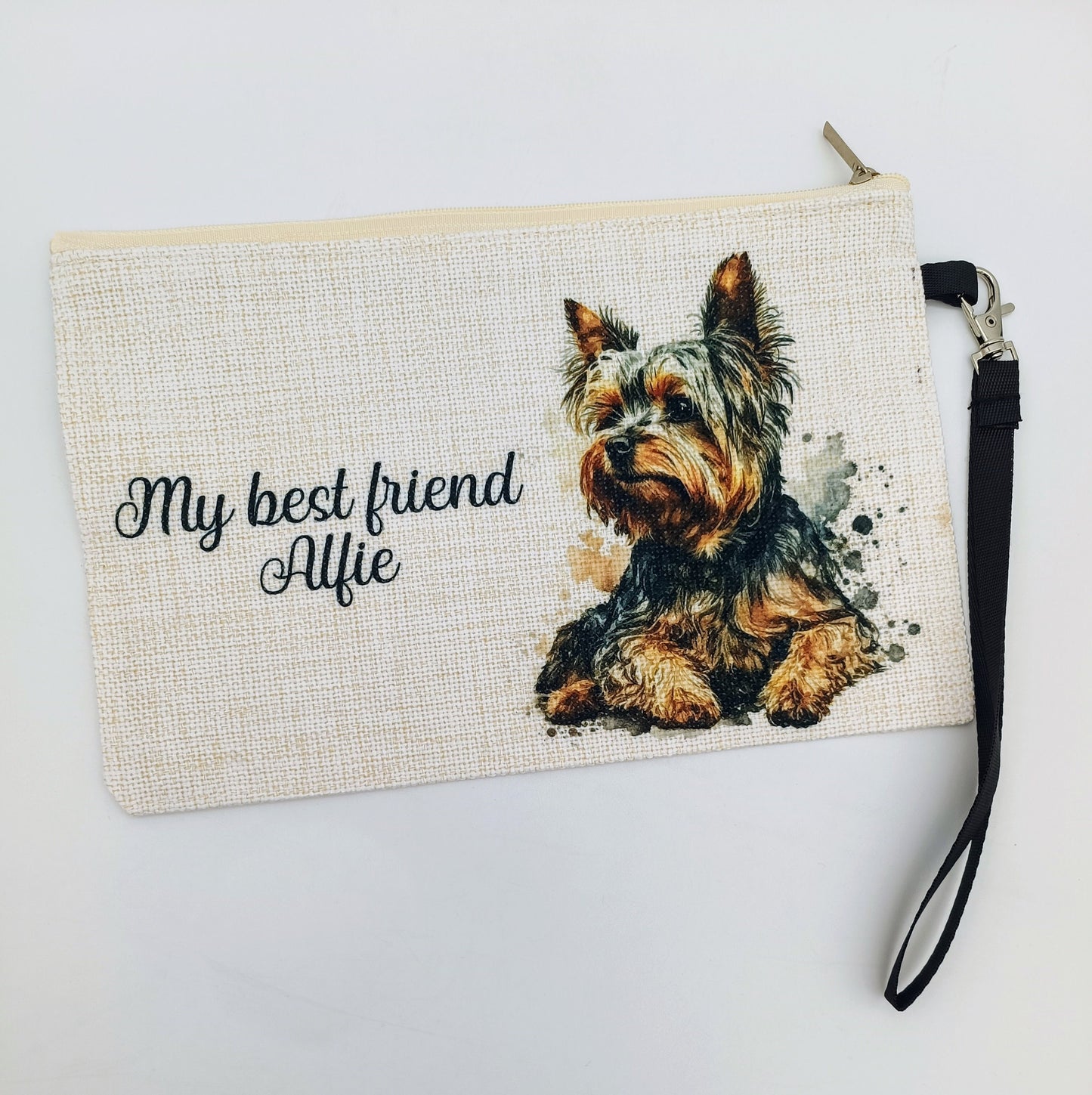 Personalised Yorkshire Terrier Makeup Bag – Custom Linen Pouch with Strap