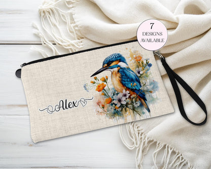Personalised Kingfisher Makeup Bag – Custom Linen Pouch with Strap