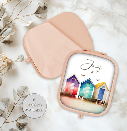 Personalised Beach Hut Compact Mirror | Rose Gold or Yellow Gold | Custom Gift for Her