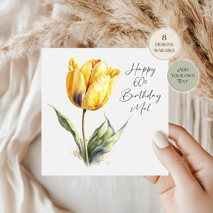 Personalised Tulip Birthday Card – Watercolour Floral Greeting Card