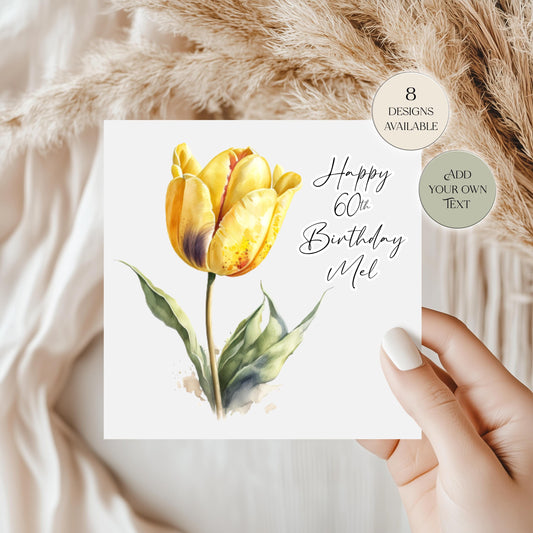 Personalised Tulip Birthday Card – Watercolour Floral Greeting Card