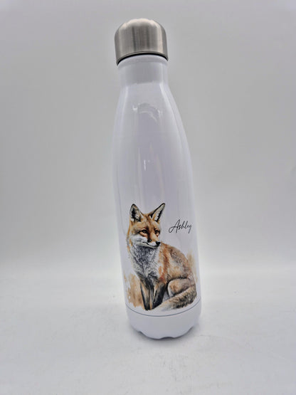 Personalised Fox Water Bottle – Insulated Stainless Steel Flask, Fox Lover Gift