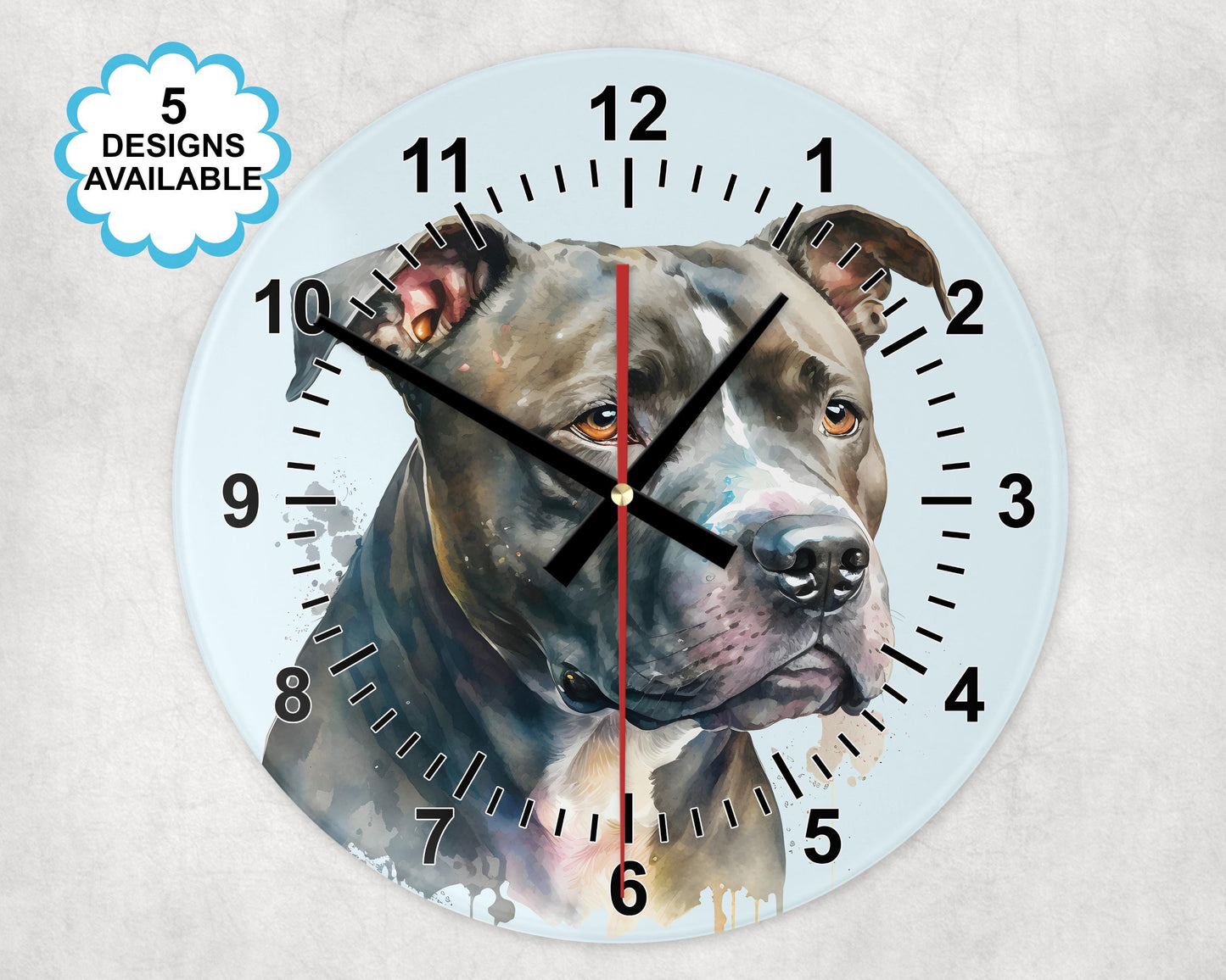 Glass Staffordshire Bull Terrier Wall Clock | Watercolour | Dog Lover Gift