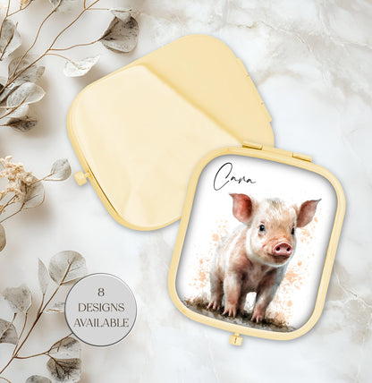 Personalised Watercolour Rose Gold Pig Compact Mirror - Beauty gift