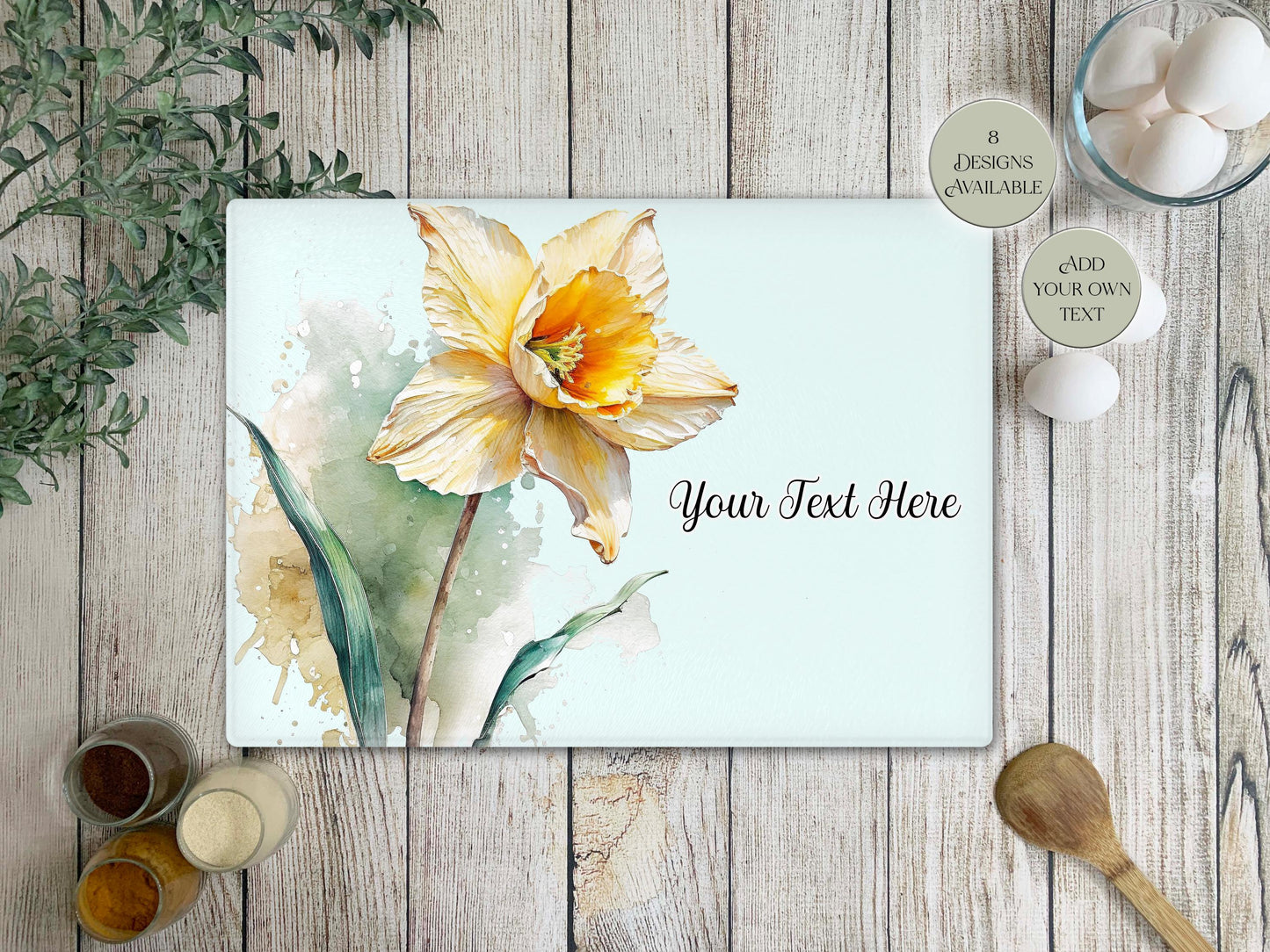 Personalised Daffodil Glass Chopping Board – Floral Kitchen Gift | Cheese Board & Worktop Saver