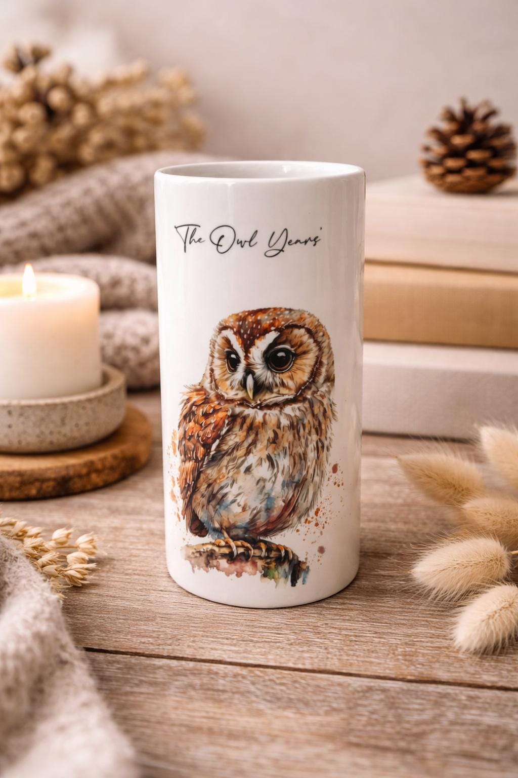 Personalised Watercolour Owl Ceramic Vase – Bird Lover Gift & Flower Pot